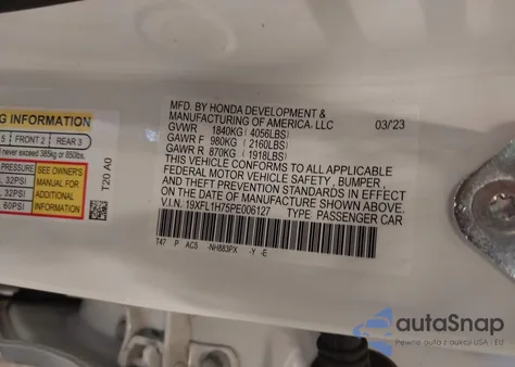 2023 Honda Civic Ex-L /Ex-L W/O Bsi из США, поврежденный, VIN 19XFL1H75PE006127